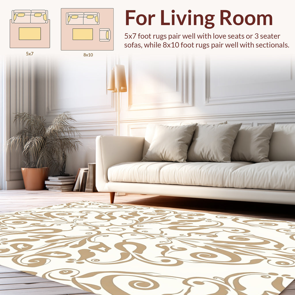 Ecru Tan Scrollwork Damask Rug