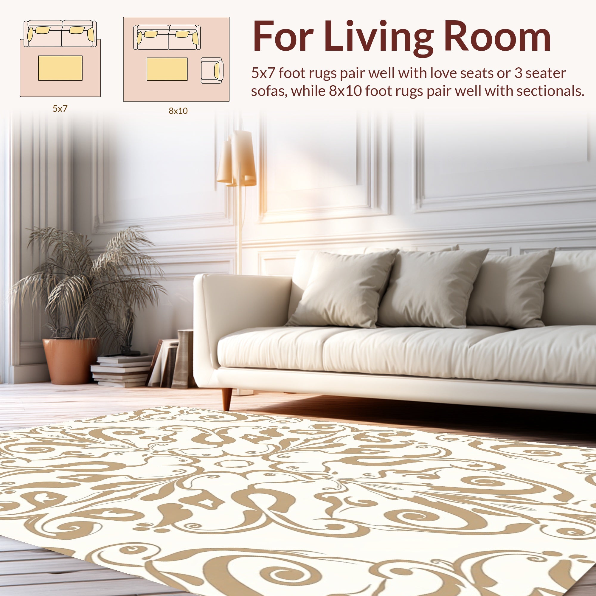 Ecru Tan Scrollwork Damask Rug