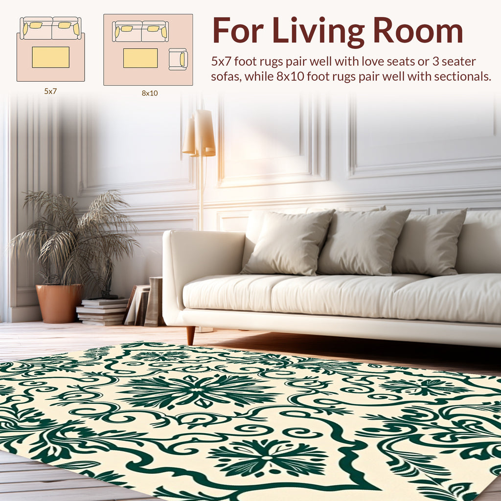 Emerald Flourish Damask Pattern Rug