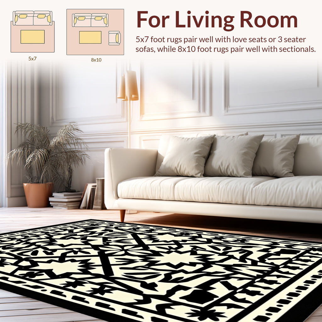 Intricate Geometric Black White Pattern Rug