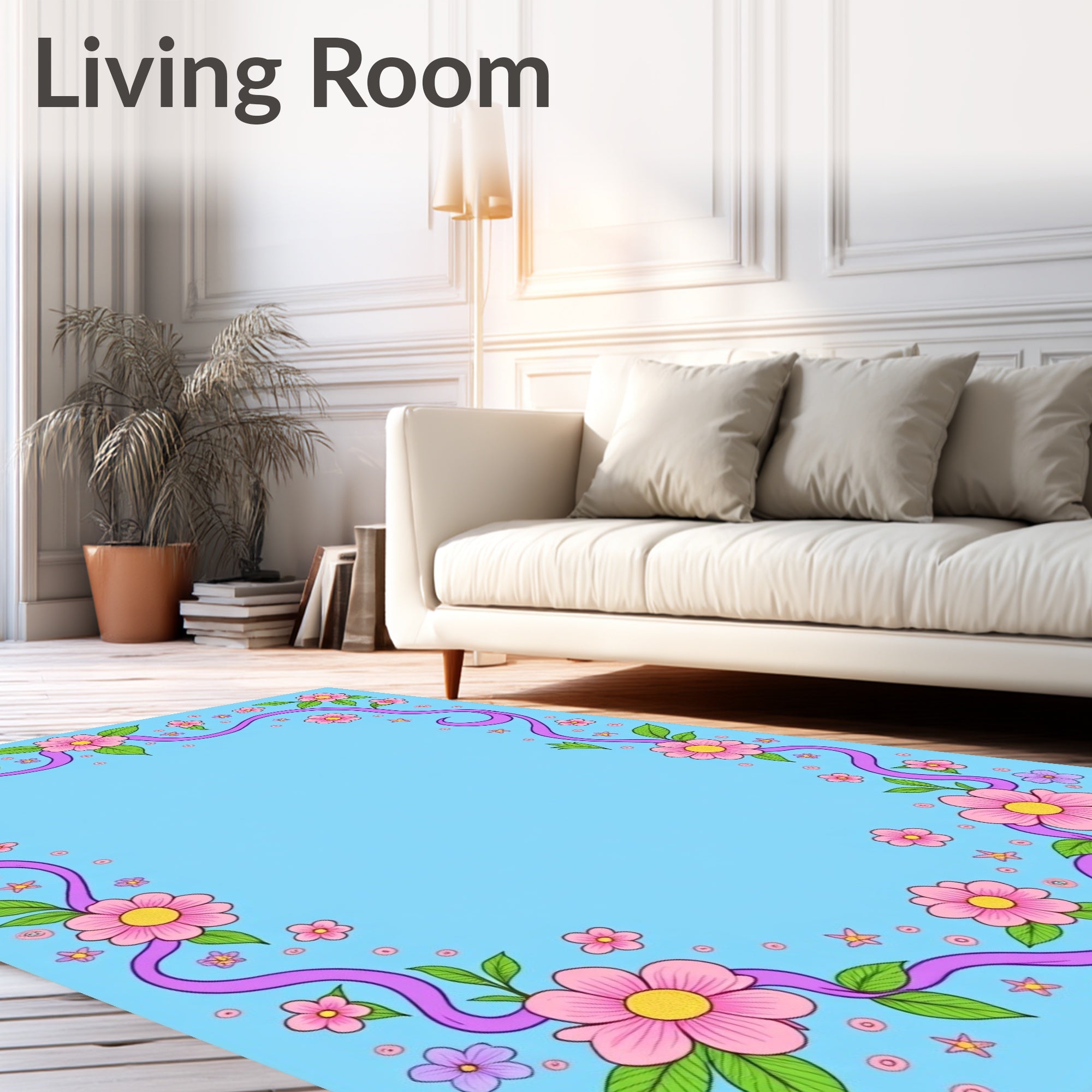 Pink flowers and purple ribbon border Rug