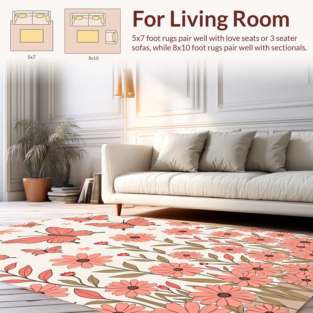 Coral Butterflies and Floral Garden Pattern Rug