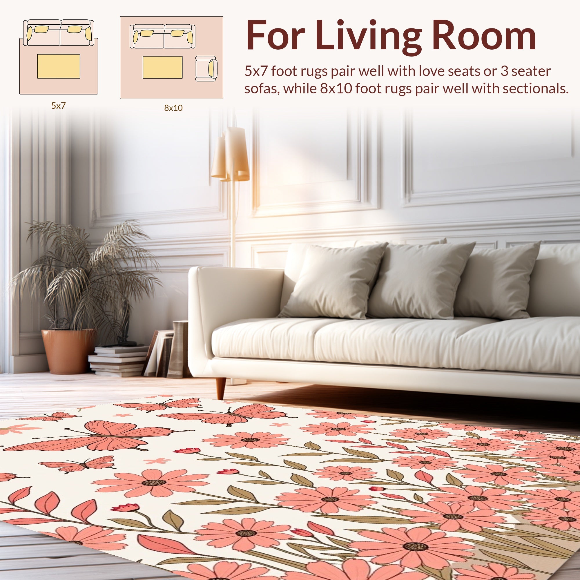 Coral Butterflies and Floral Garden Pattern Rug