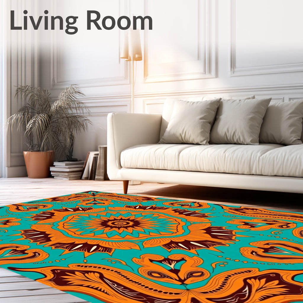 Vibrant Orange Teal Mandala Art Rug