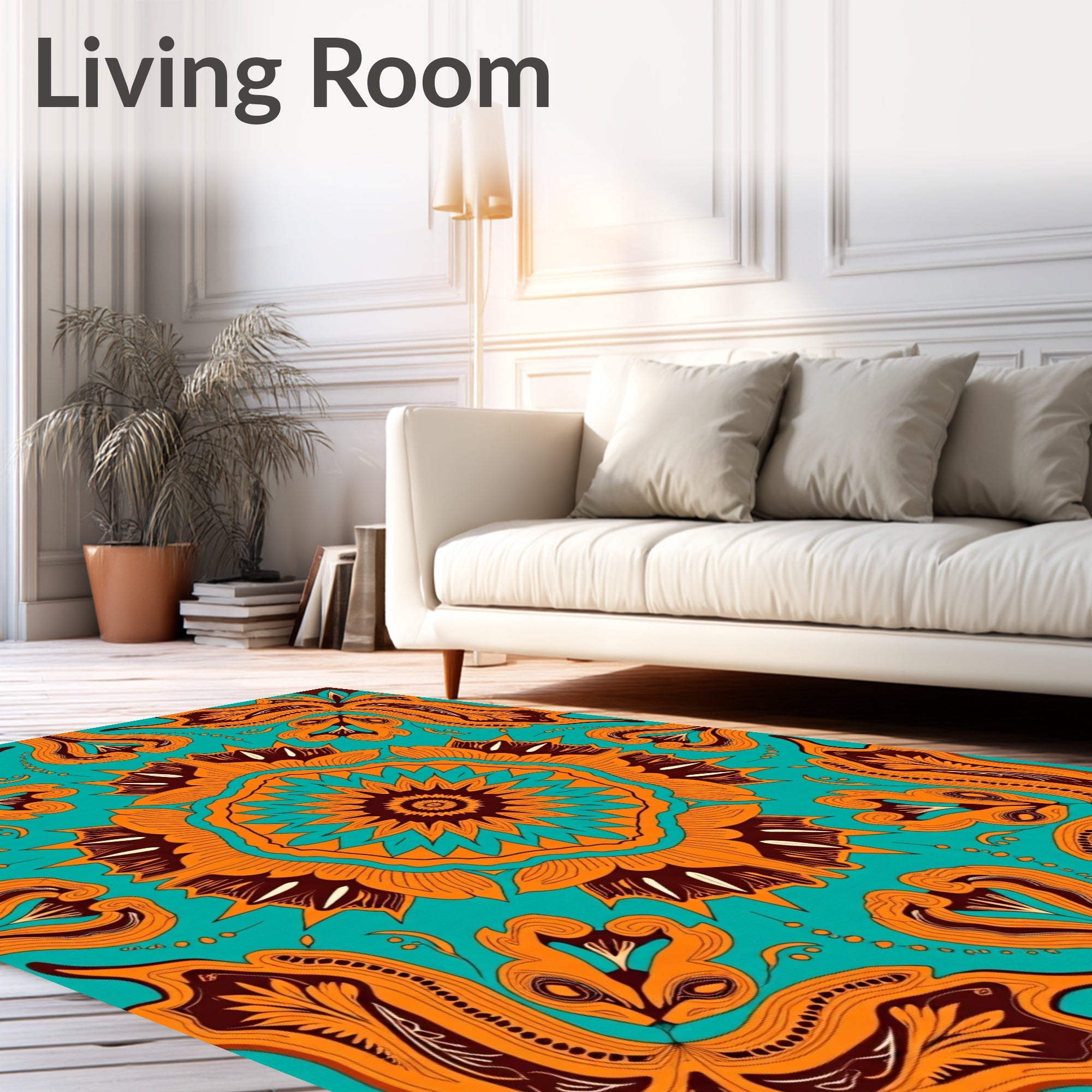 Vibrant Orange Teal Mandala Art Rug