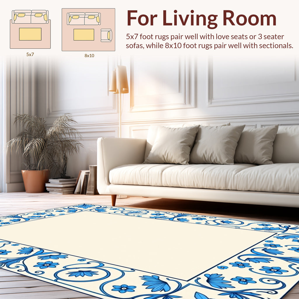 Blue Floral Swirl Border Pattern Rug