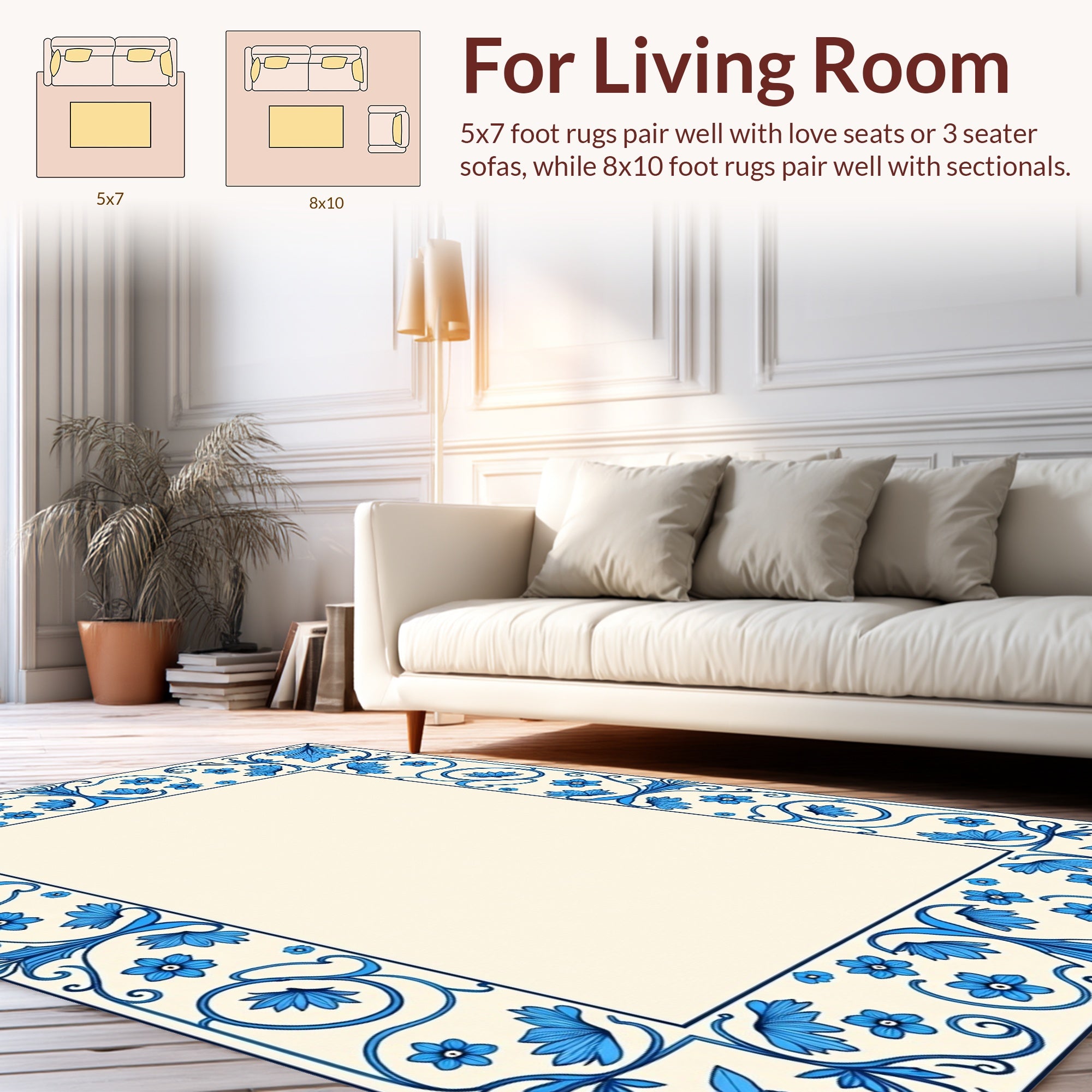 Blue Floral Swirl Border Pattern Rug