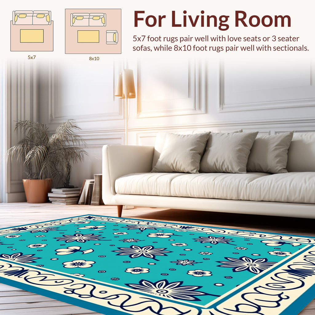 Turquoise Floral Patterned Decorative Rug