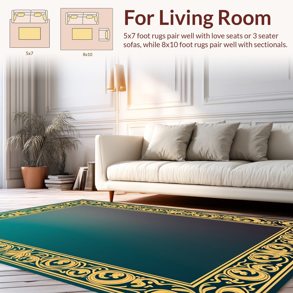 Ornate Golden Teal Border Pattern Rug