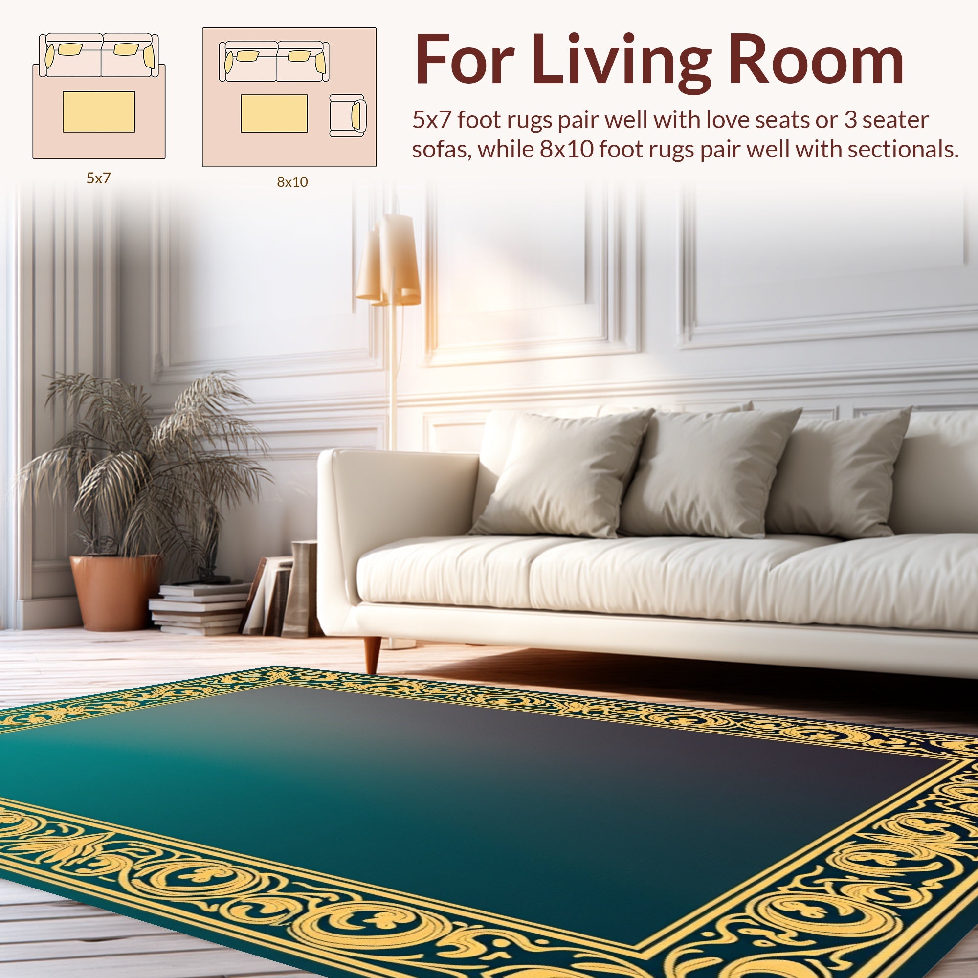 Ornate Golden Teal Border Pattern Rug