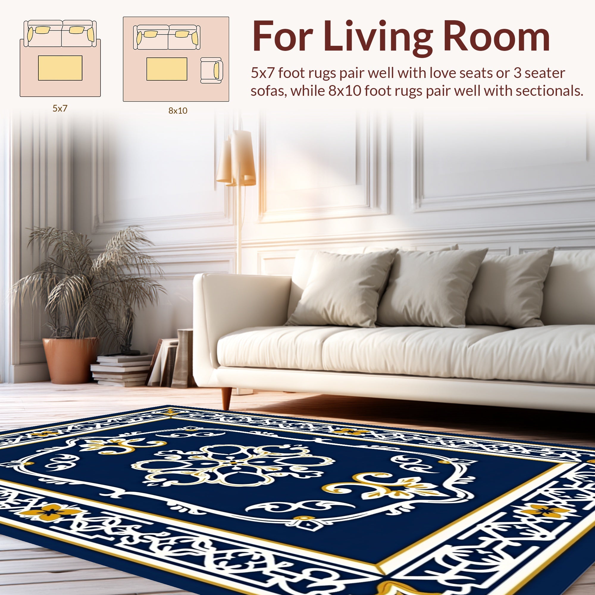 Classic Navy White Gold Ornamental Rug
