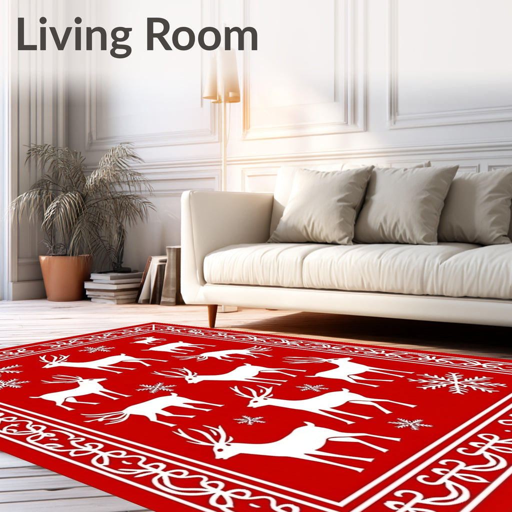 Red White Deer Snowflake Festive Border Rug