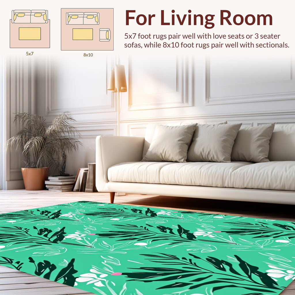 Bold Green Leaf With White Floral Pattern Rug