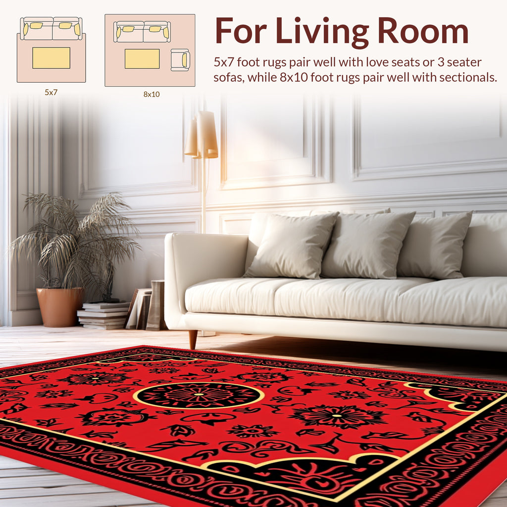 Traditional Red Black Floral Medallion Rug