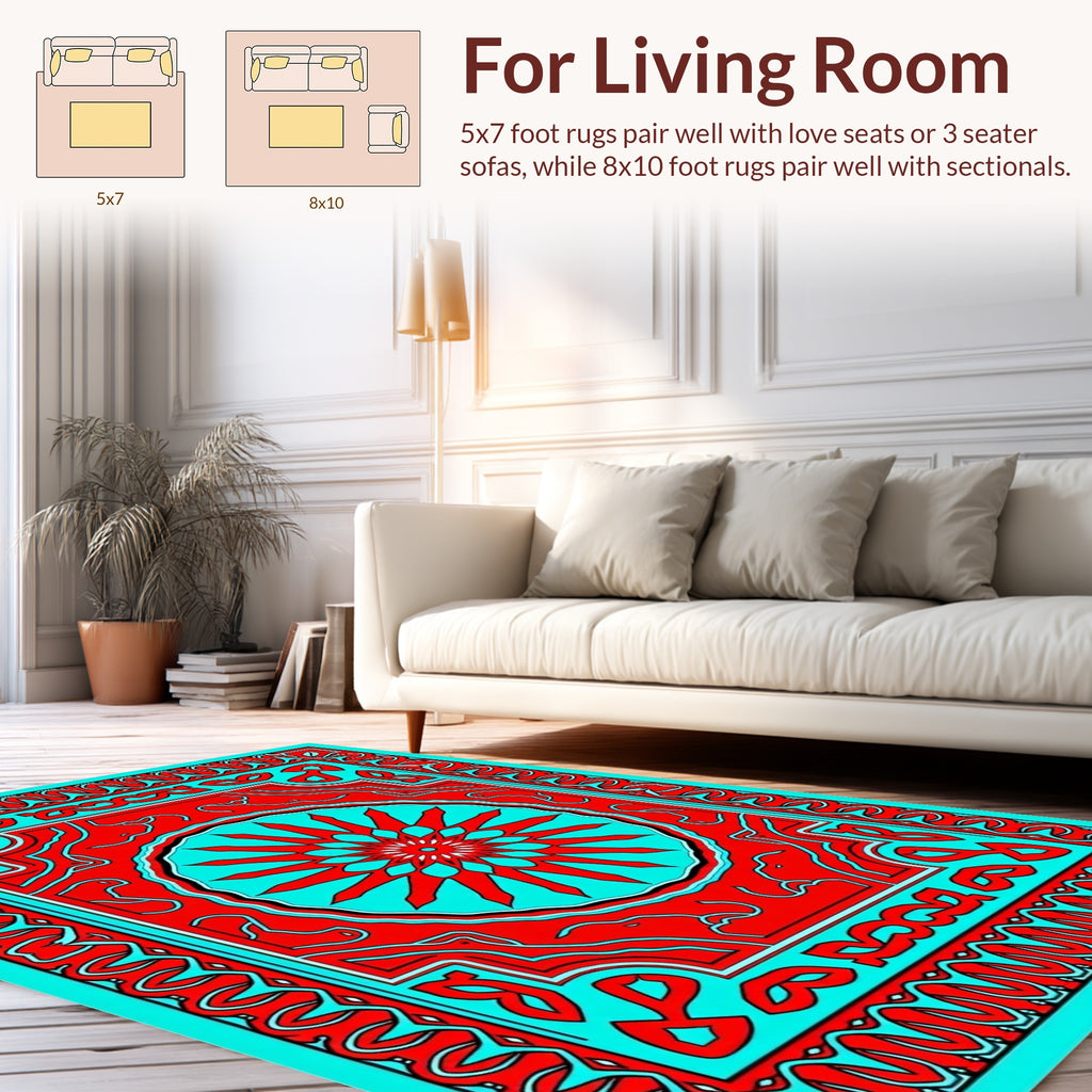 Bold Red and Turquoise Geometric Pattern Rug