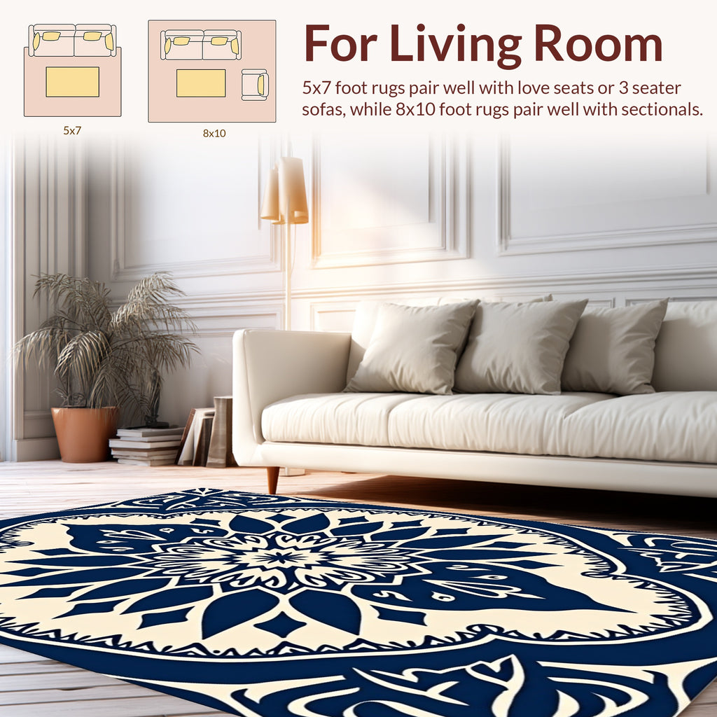 Elegant Navy Cream Mandala Pattern Rug