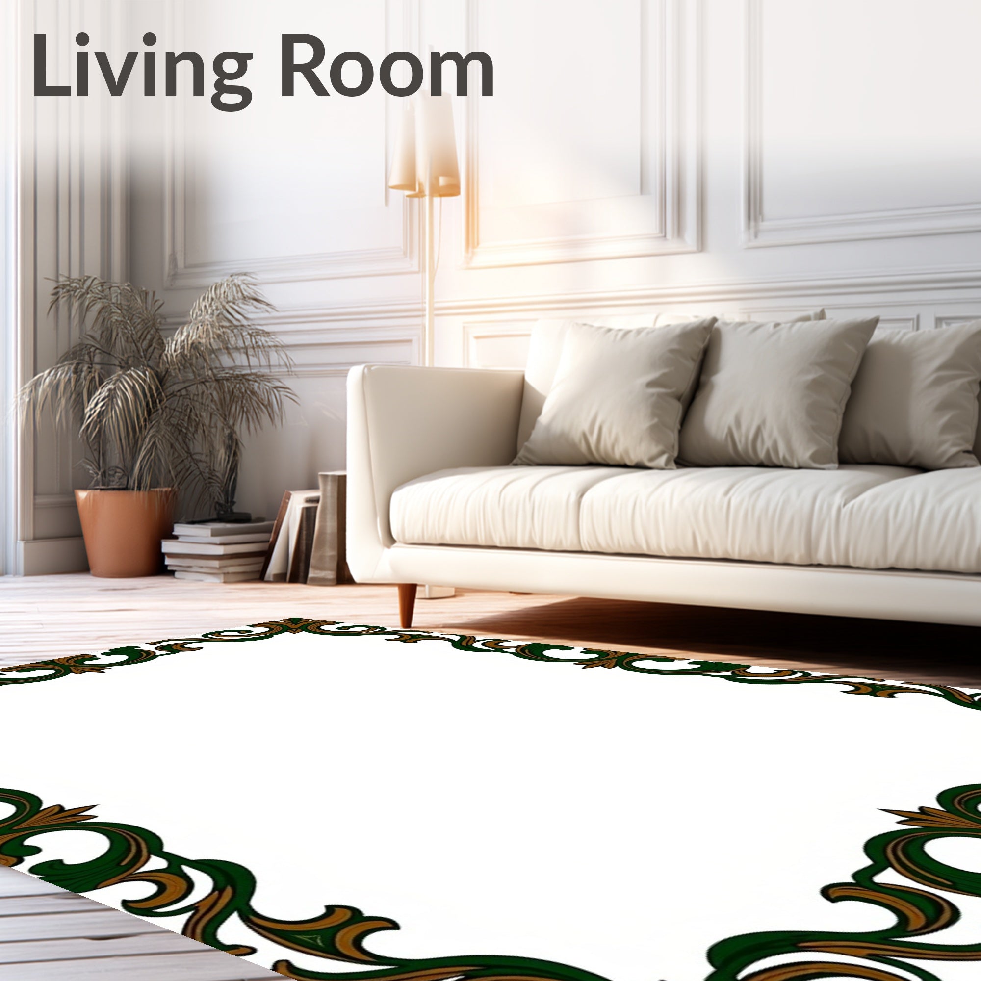 Ornate Green Brown Scroll Border Rug