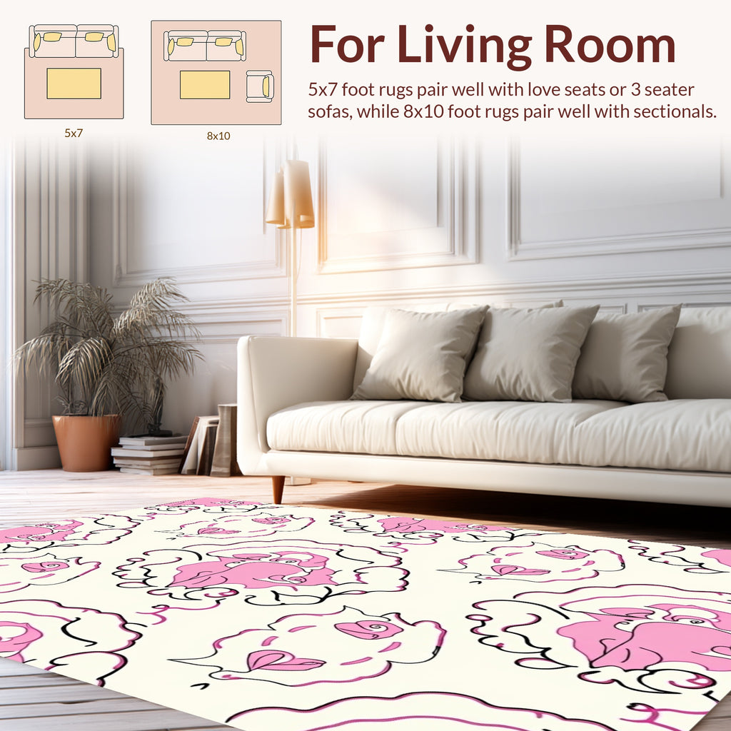 Playful Pink Black Swirling Cloud Design Rug