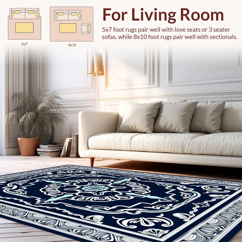 Elegant Navy Floral Mandala Design Rug