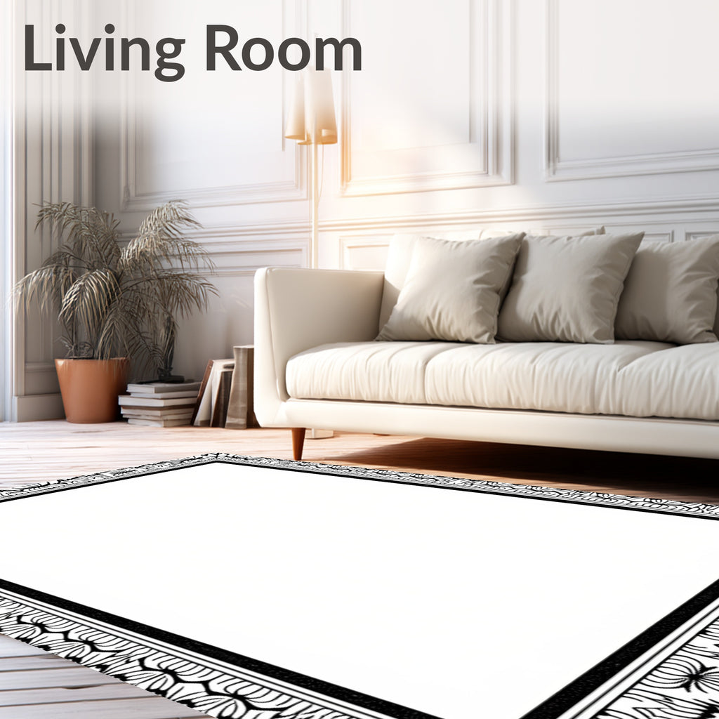 Ornate Black and White Floral Border Rug