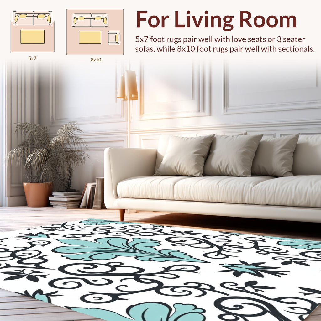 Soft Teal Floral Scroll Pattern Rug