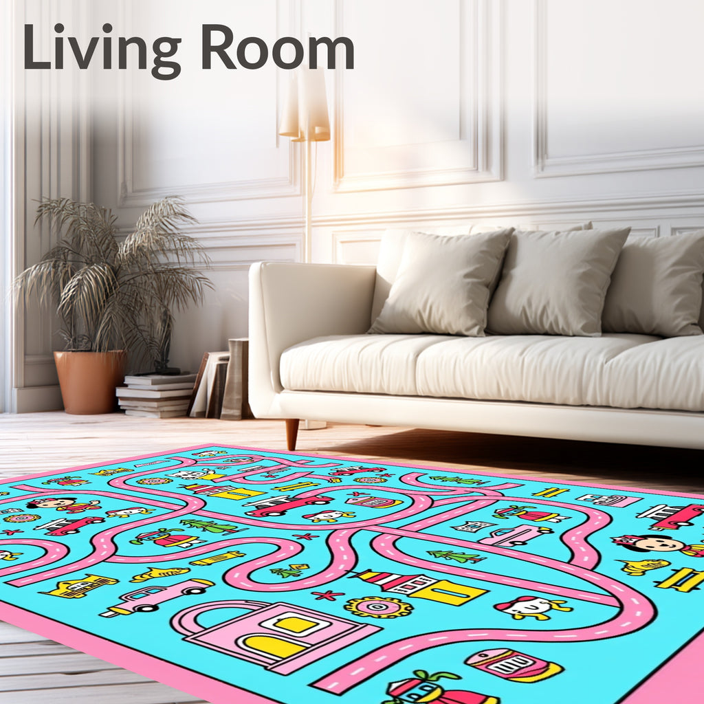 Cute Pink Yellow Dog Cars Maze Rug