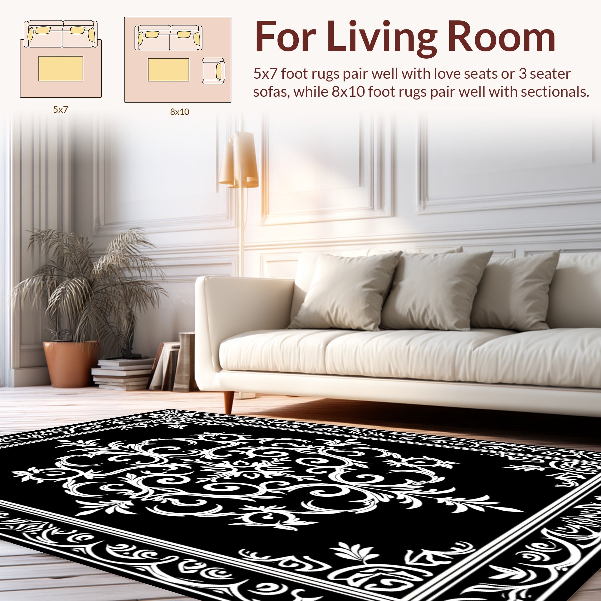 Classic Black White Floral Scrollwork Design Rug