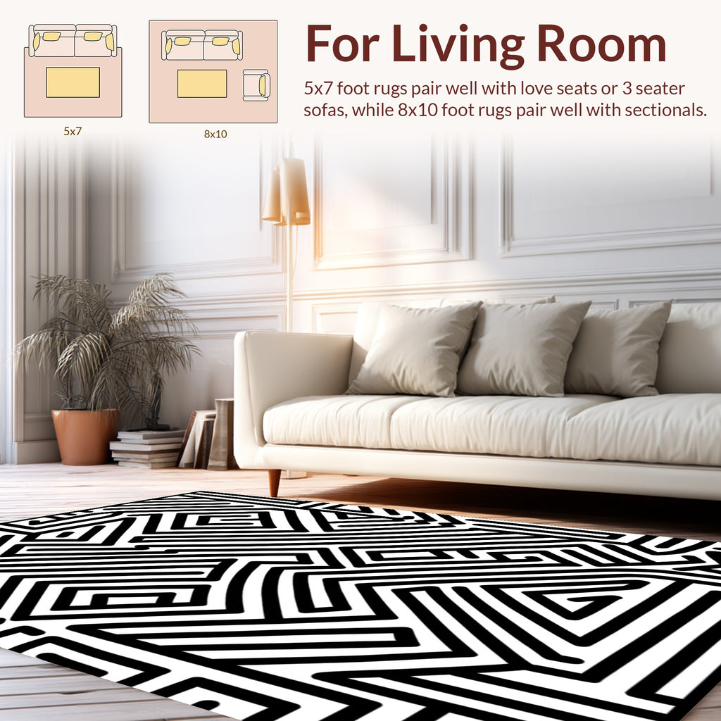Bold Black and White Maze Pattern Rug