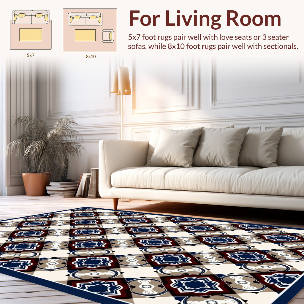 Geometric Lattice Indigo Burgundy Design Rug