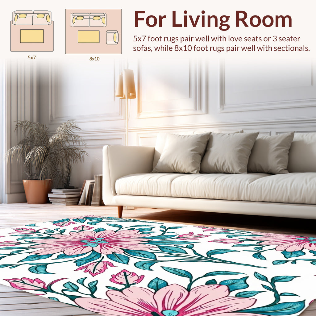 Pink Blue Floral Botanical Pattern Rug