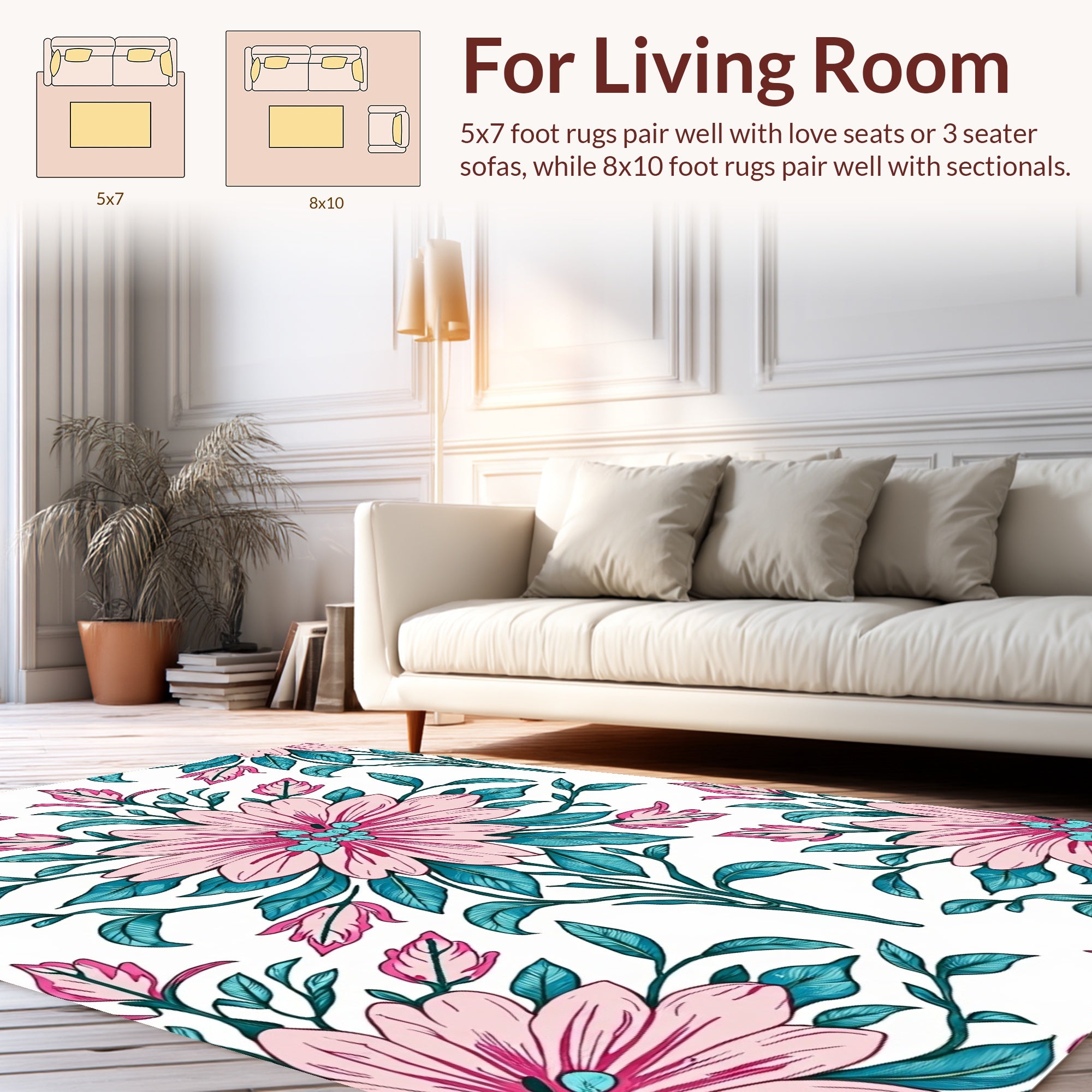Pink Blue Floral Botanical Pattern Rug