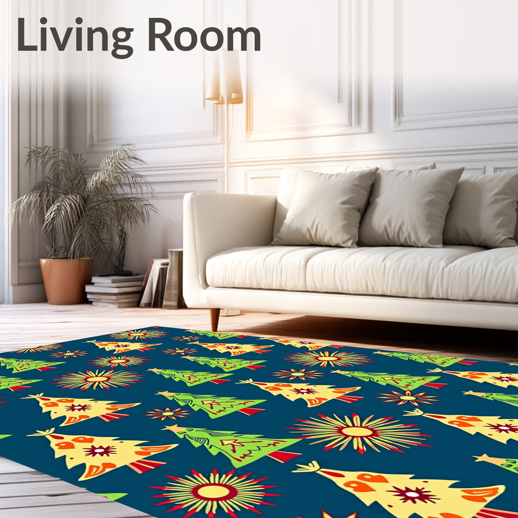 Festive Green Yellow Trees Sunbursts Rug