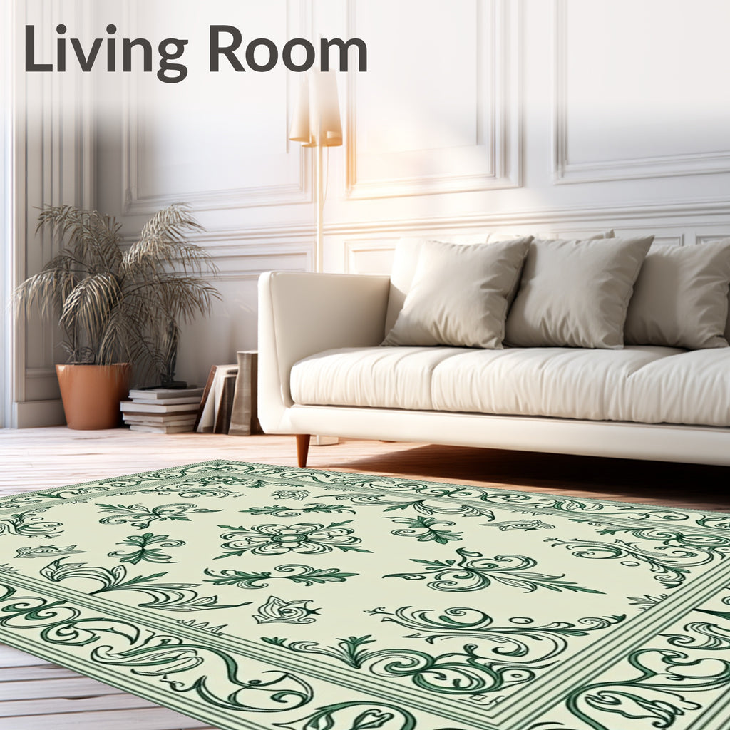 Elegant Green Scrollwork Floral Pattern Rug