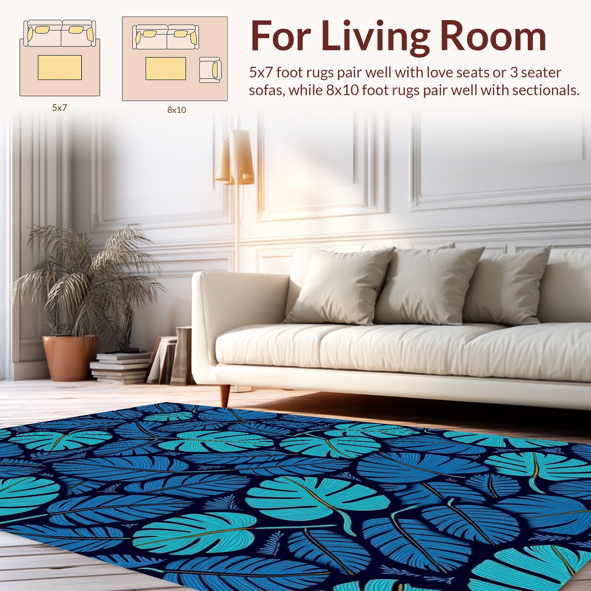 Tropical Leaf Pattern Blue Rug