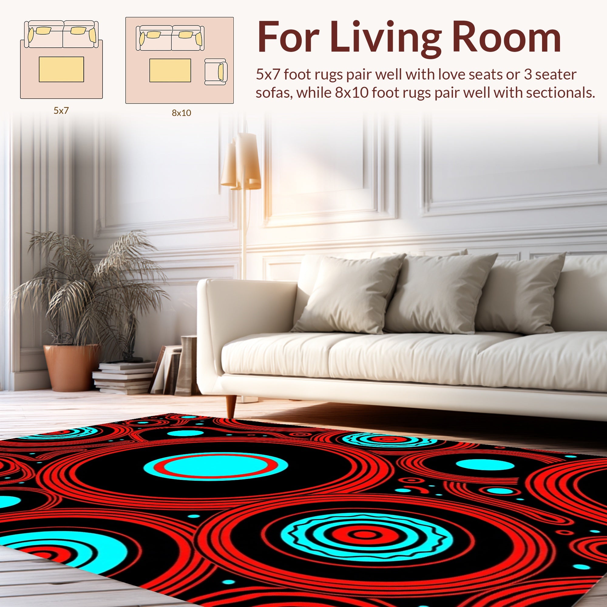 Abstract Red Cyan Concentric Circles Design Rug