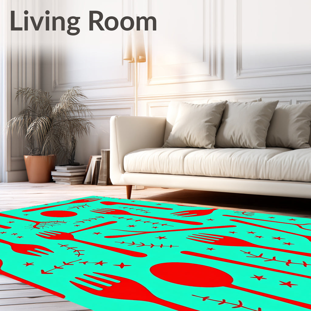 Red Utensil Starburst Teal Rug
