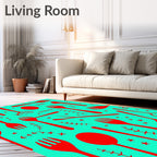 Red Utensil Starburst Teal Rug