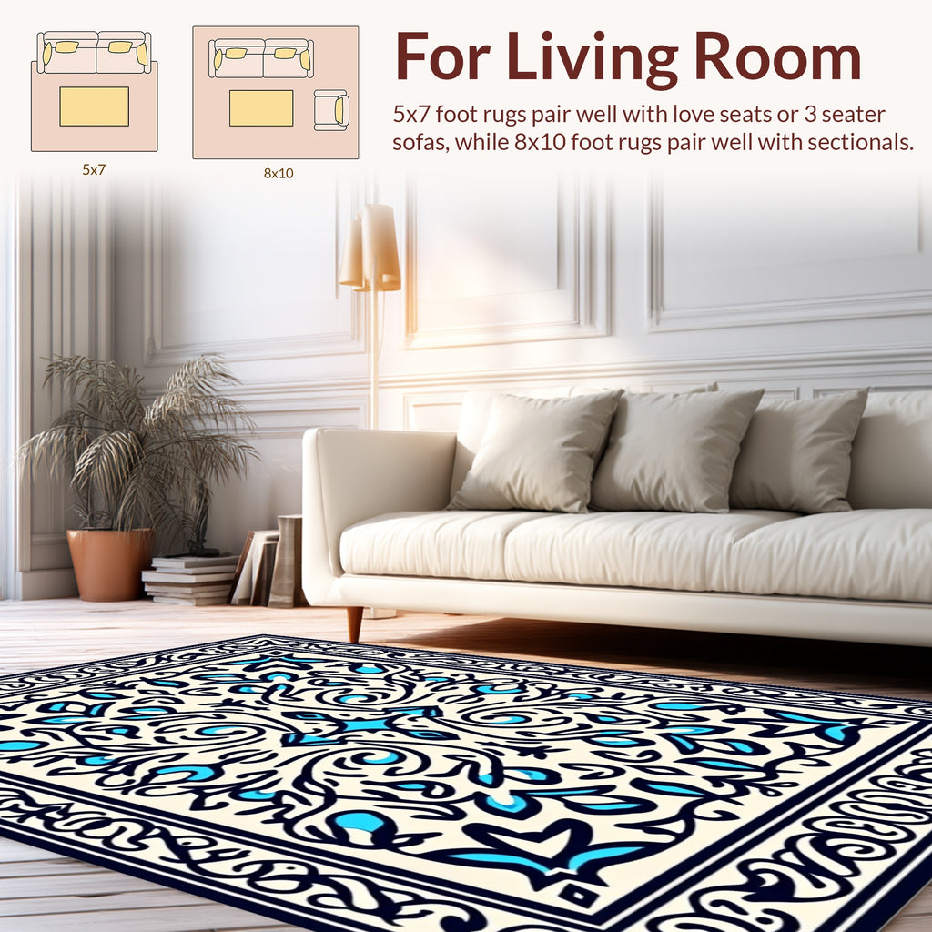 Ornate Blue Cream Floral Pattern Rug