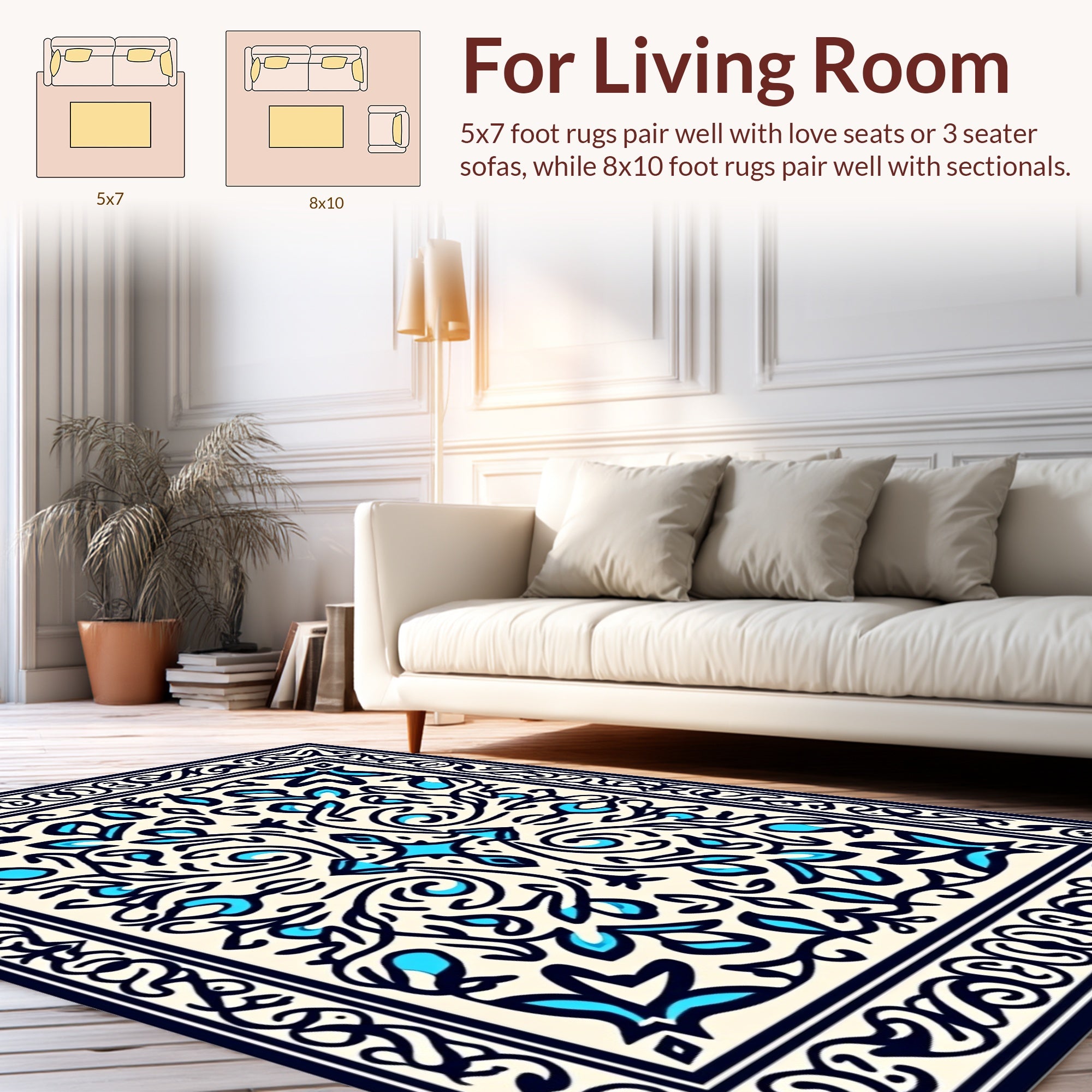 Ornate Blue Cream Floral Pattern Rug