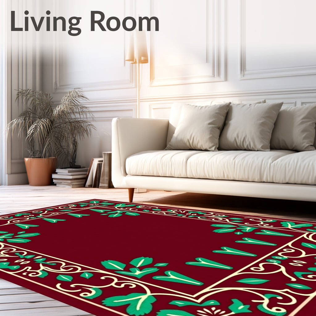 Crimson Emerald Floral Vine Border Rug