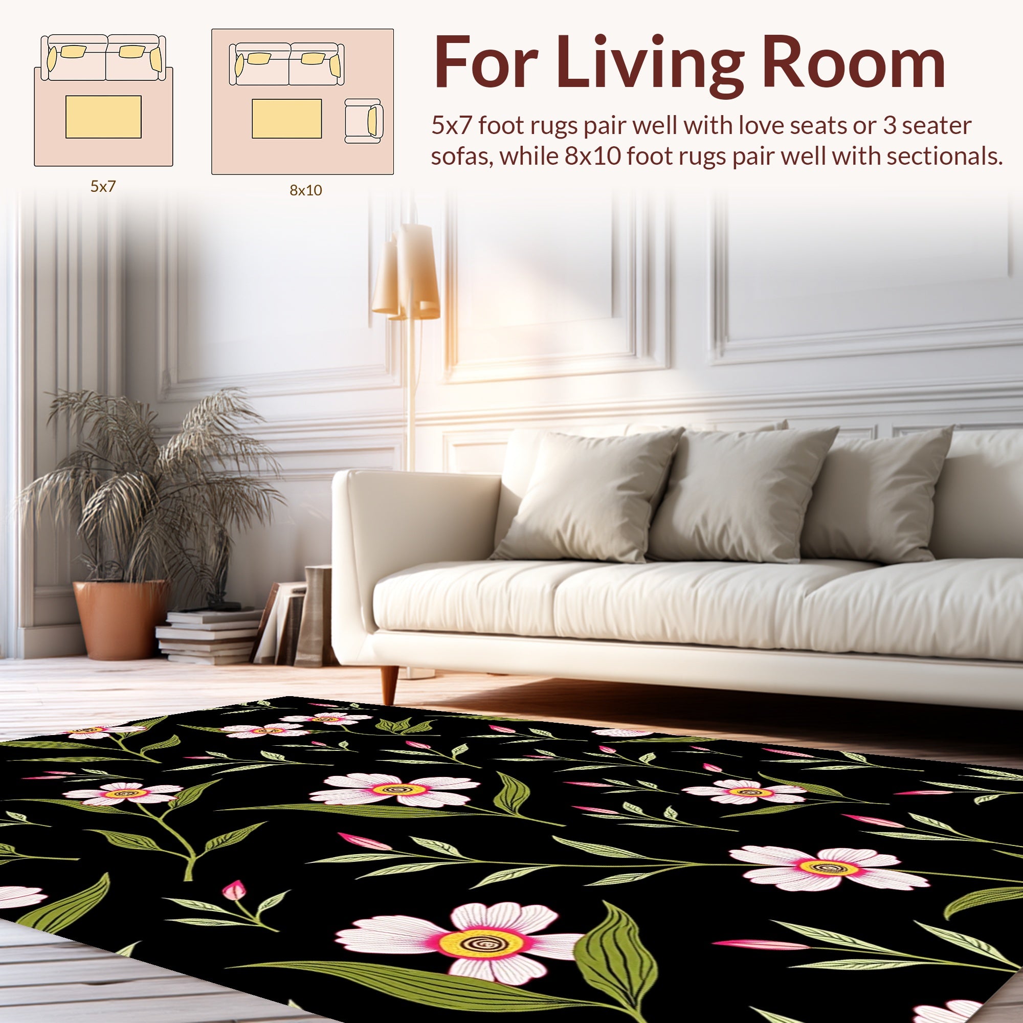 Black Floral Bloom Pattern Rug