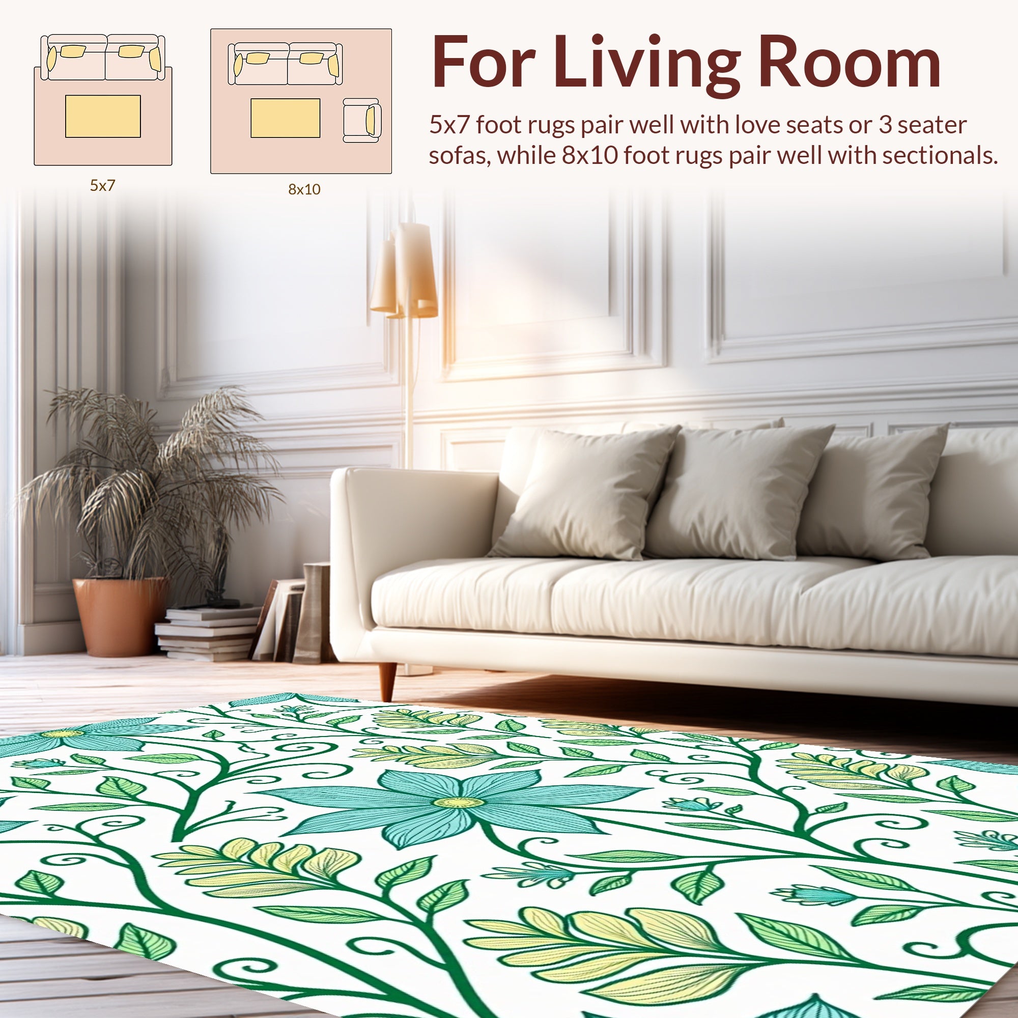 Teal Green Floral Vine Pattern Rug