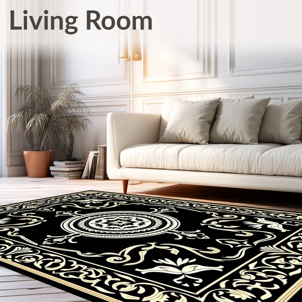 Ornate Black Beige Floral Medallion Rug