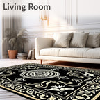 Ornate Black Beige Floral Medallion Rug