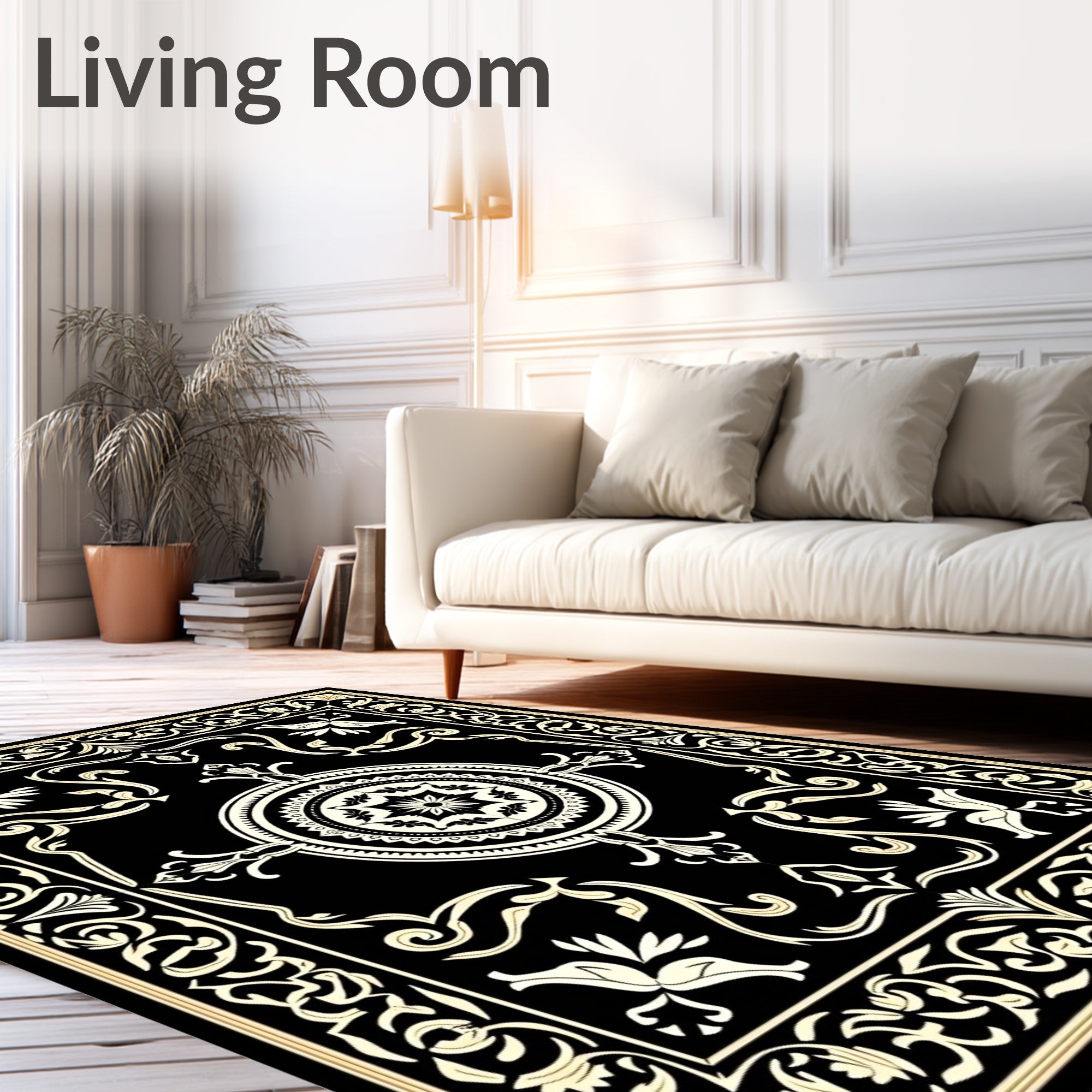 Ornate Black Beige Floral Medallion Rug