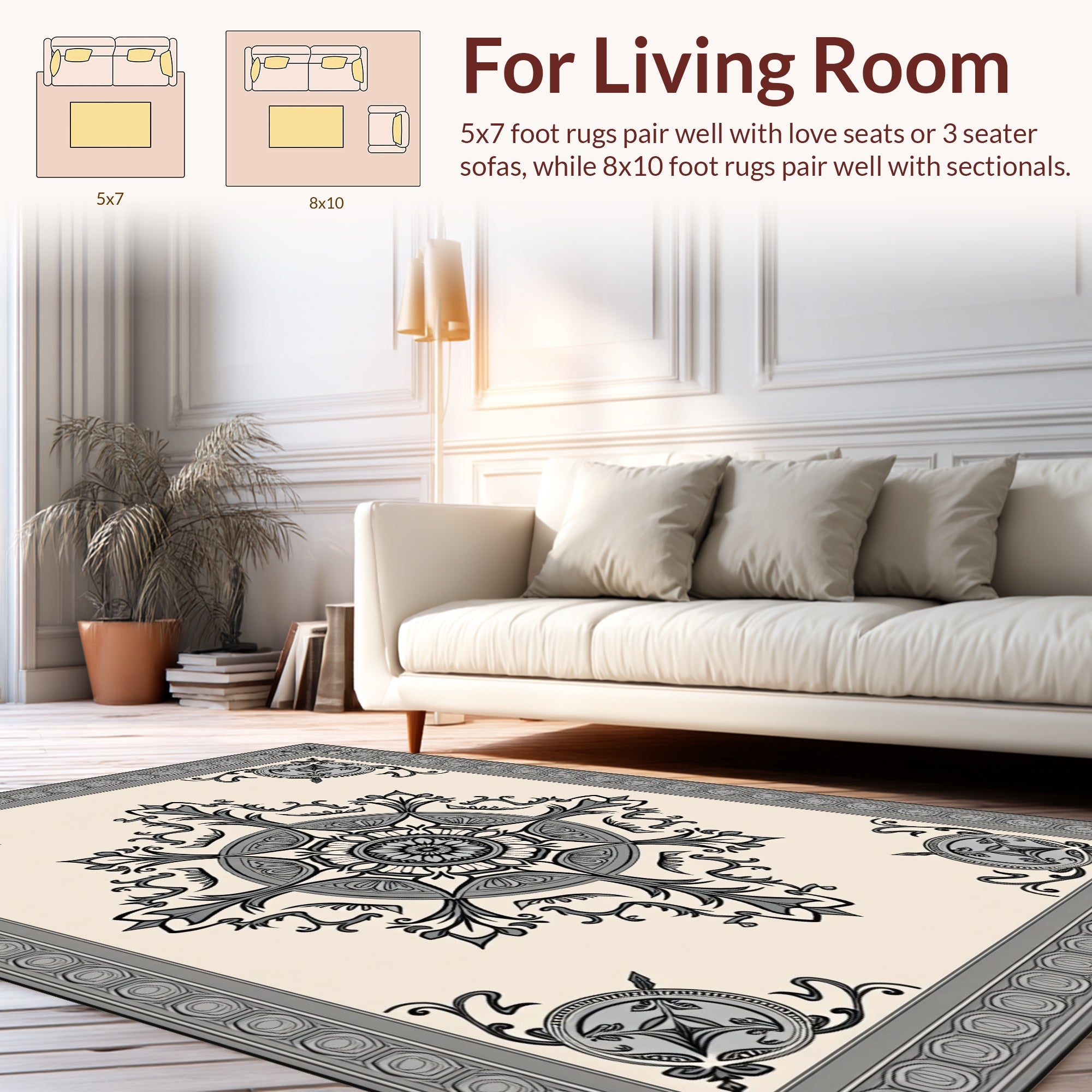 Ornate Grey Scrollwork Mandala Pattern Rug