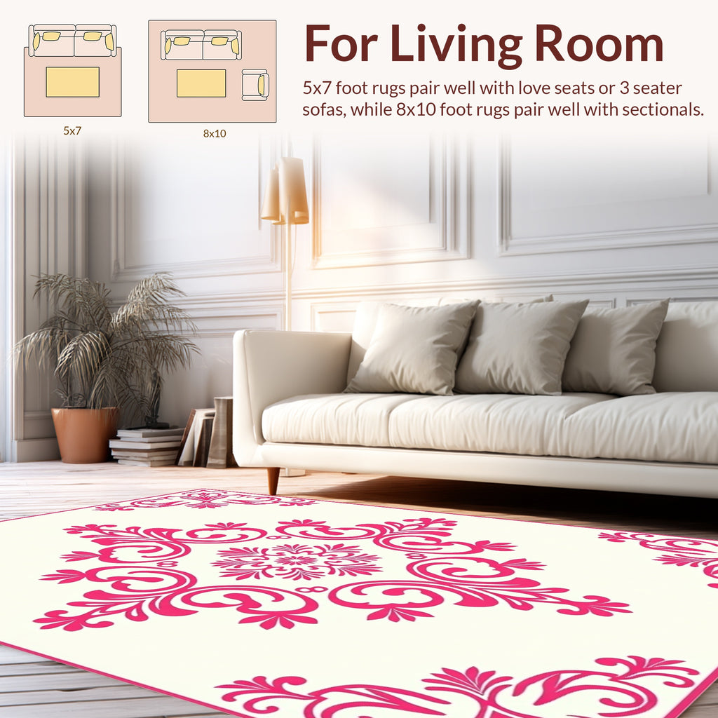 Pink Floral Damask Scrollwork Design Rug