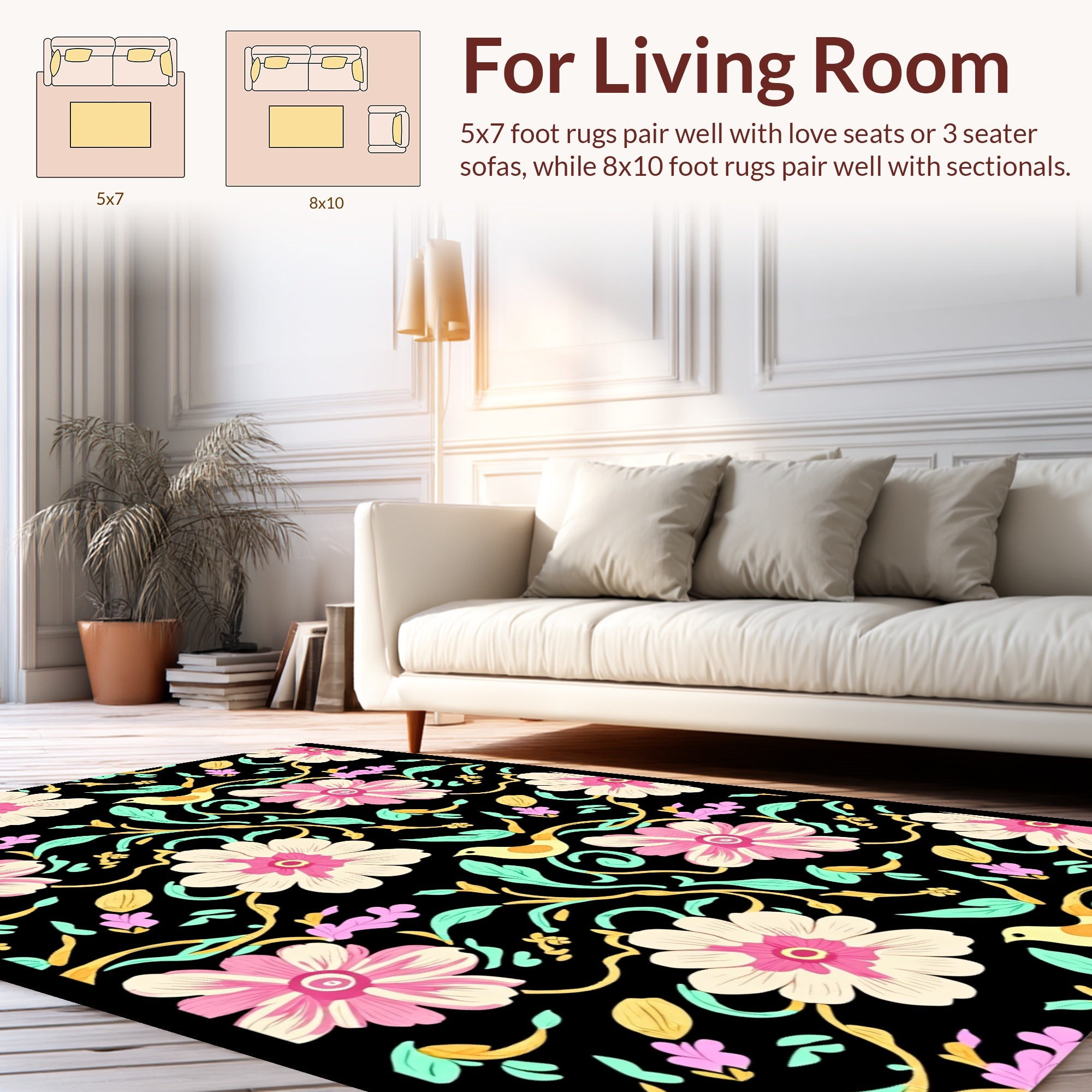 Whimsical Floral Bird Pattern Design Rug