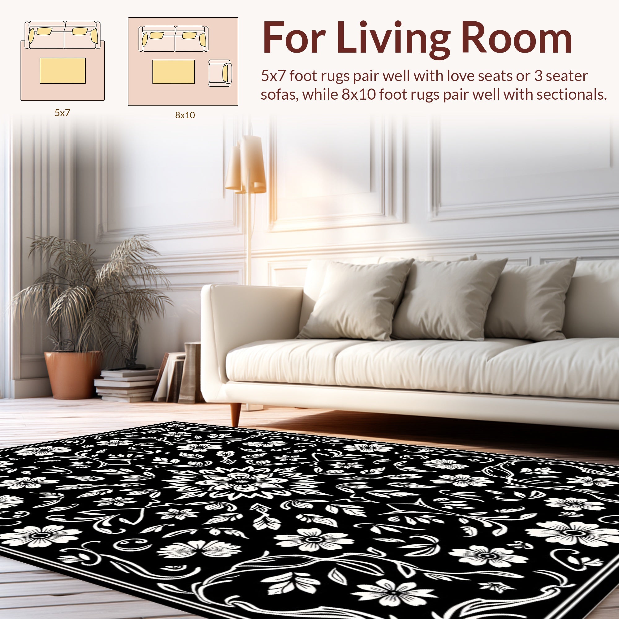 Classic Floral Vine Black White Pattern Rug