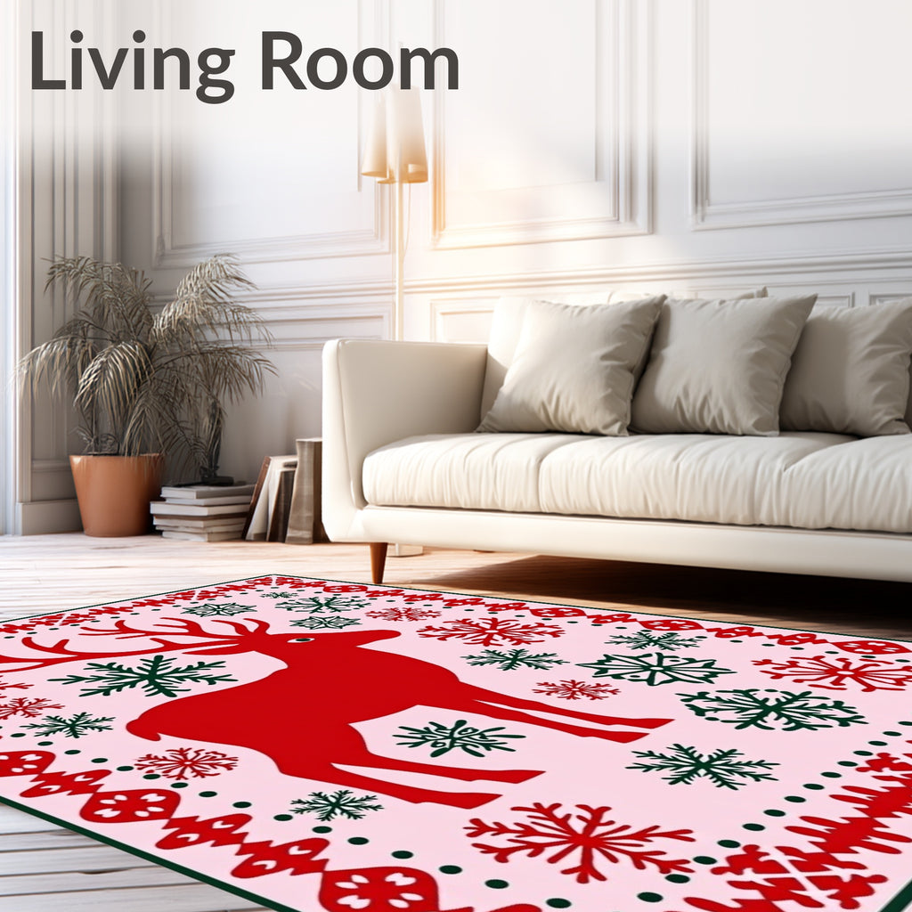 Crimson Deer Snowflakes Pink Rug